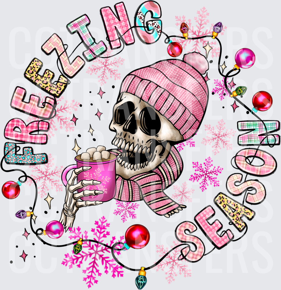 Freezing Season Skeleton Pink Beanie Hot Cocoa Christmas (DTF)