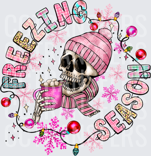 Freezing Season Skeleton Pink Beanie Hot Cocoa Christmas (DTF)