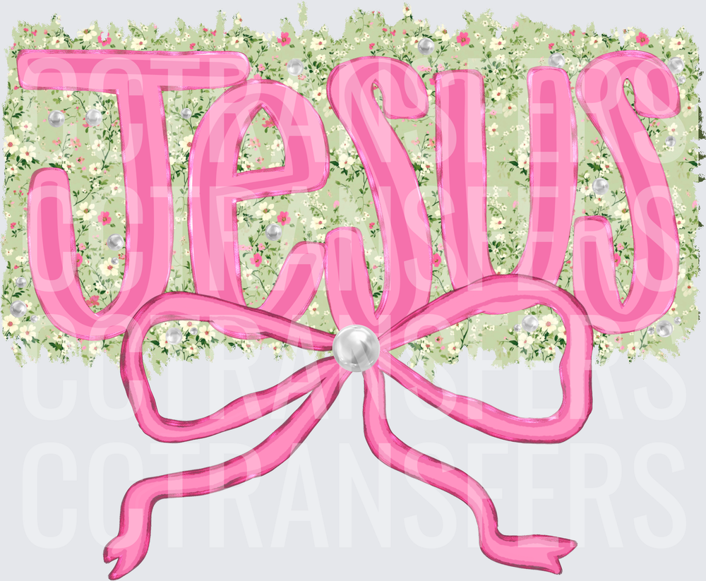 Jesus Pink Bow Pearl Floral Script Coquette (DTF)
