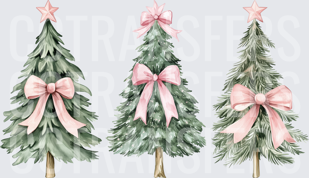 Watercolor Christmas Trees Pink Bows Pink Stars (DTF)