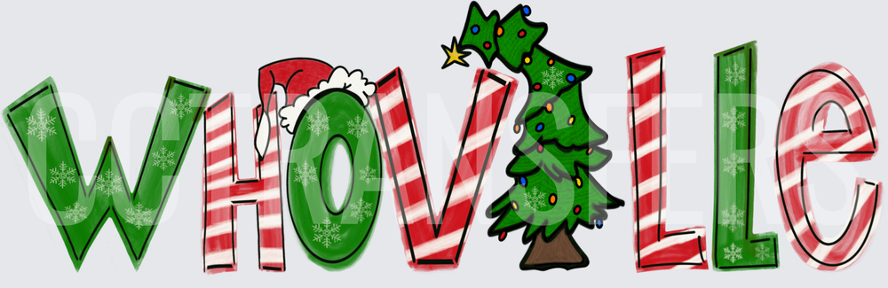 Whoville Christmas Text with Santa Hat and Holiday Tree (DTF)