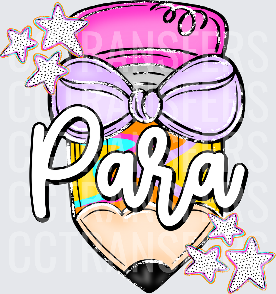 Para Rainbow Pencil Heart with Purple Bow and Stars (DTF)