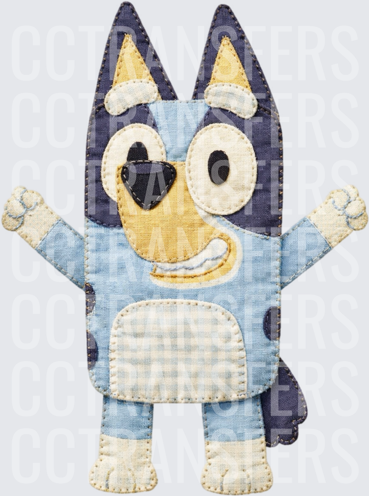 Quilted Patchwork Blue Cartoon Puppy Arms Up (DTF)