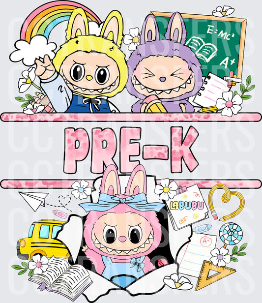 Cute Bunny Monster Characters Pre-K School Scene (DTF)