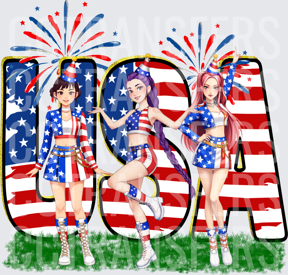 USA Anime Girls Red White Blue Fireworks Fourth of July (DTF)