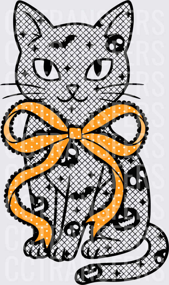 Halloween Lace Cat with Orange Polka Dot Bow (DTF)