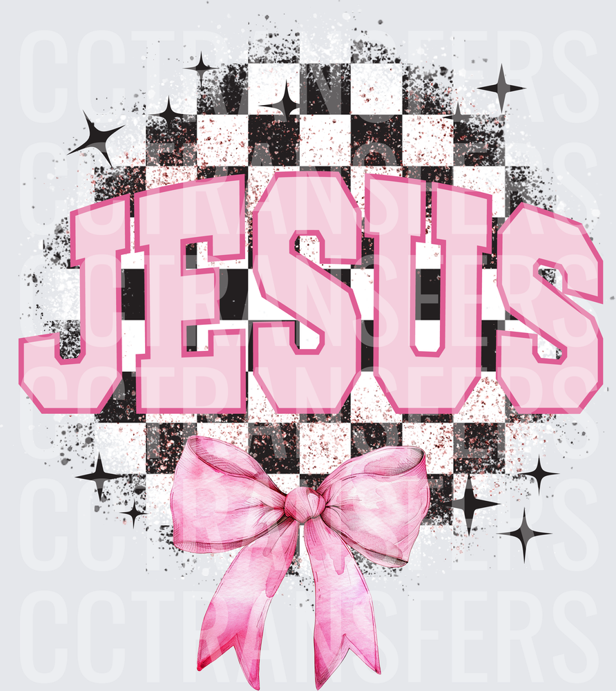 Pink Jesus Varsity Letter Checkered Bow Sparkle Design (DTF)