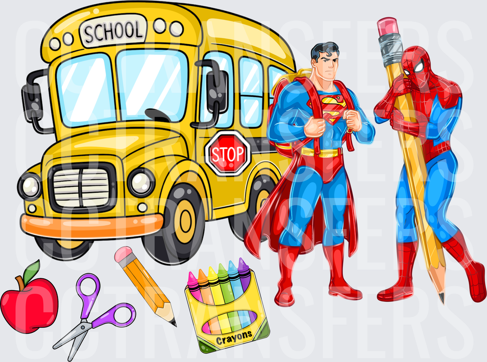 Superhero Duo Back to School Bus Supply Scene (DTF)