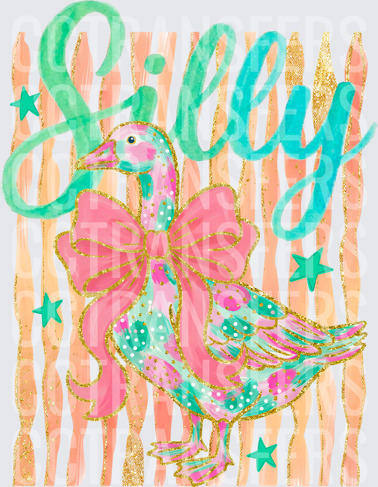 Silly Goose Pink Bow Gold Glitter Preppy Colorful (DTF)