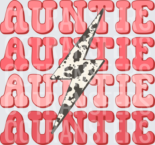 Auntie Stacked Text Cow Print Lightning Bolt (DTF)