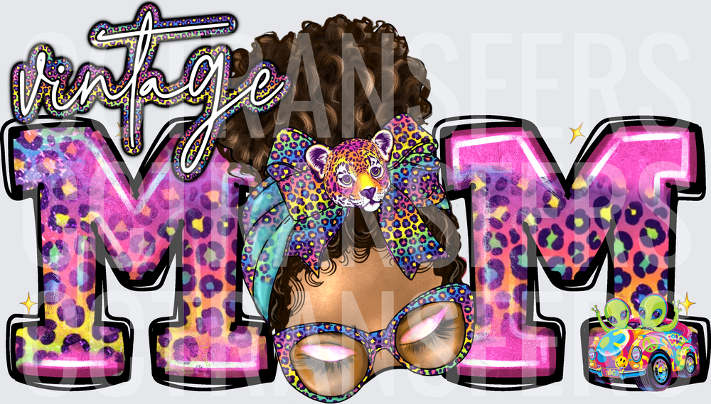Vintage Mom Curly Hair Woman Leopard Bow Cheetah Messy Bun (DTF)