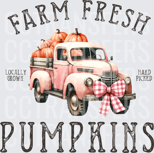 Farm Fresh Pumpkins Pink Vintage Truck Gingham Bow (DTF)