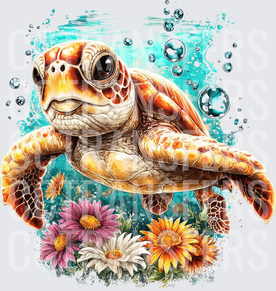 Cute Sea Turtle Swimming with Colorful Flowers & Bubbles (DTF)