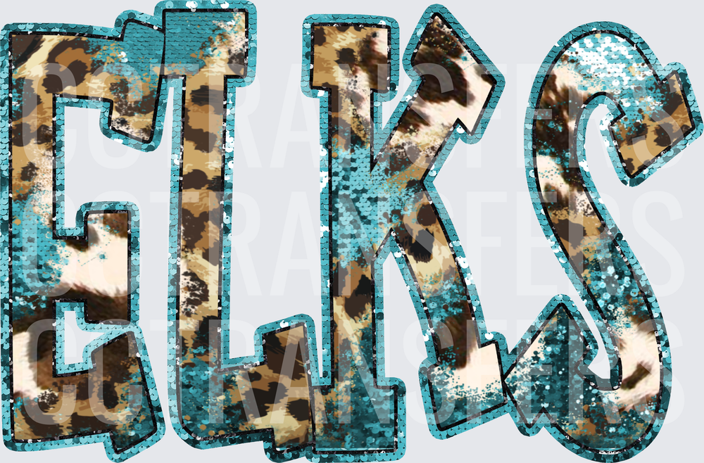 Elks Teal Sequin Leopard Print Bold Letters (DTF)