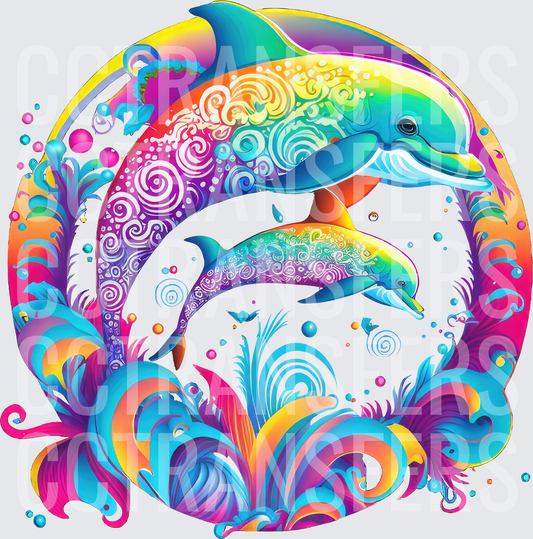 Vibrant Rainbow Dolphins Leaping Swirl Circle Design (DTF)