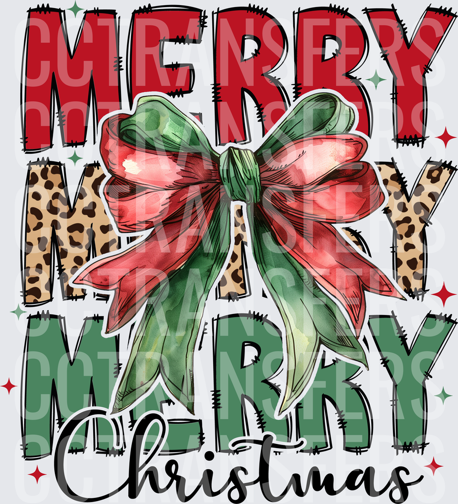 Merry Merry Merry Christmas Bow Leopard Print Stacked (DTF)