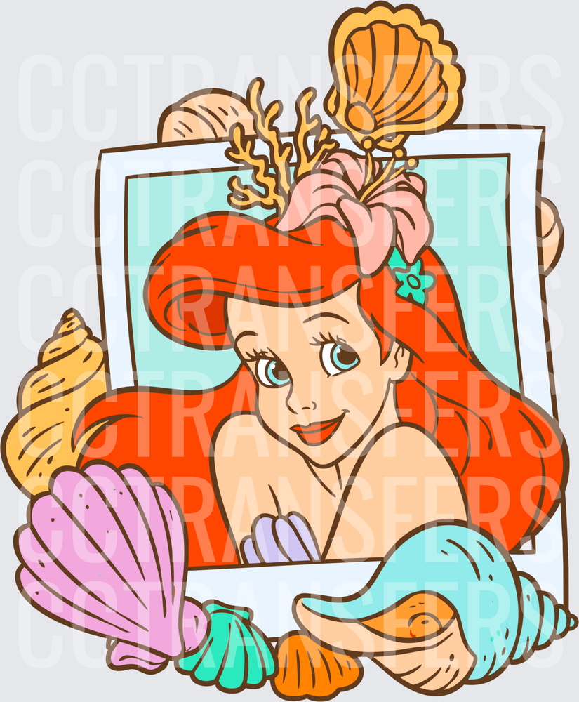 Red Hair Mermaid Princess Polaroid with Seashells (DTF)