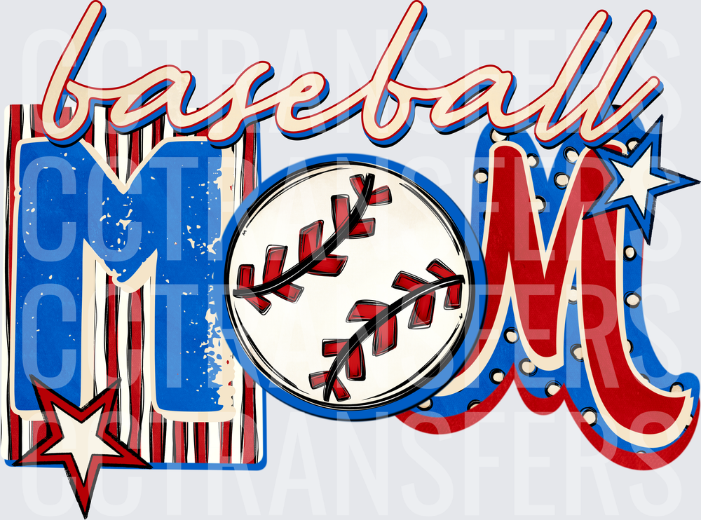 Baseball Mom Red White Blue Stars Script Lettering DTF