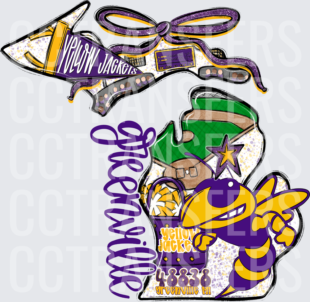 Greenville MI Yellow Jackets 48838 Michigan State Shape (DTF)