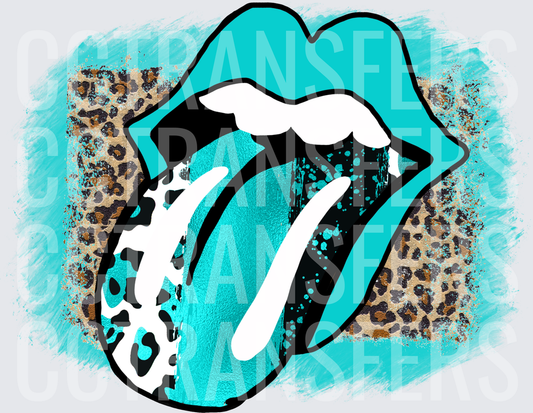 Teal Lips Tongue Out Leopard Print Brush Stroke (DTF)