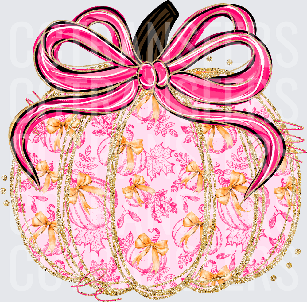 Pink Glitter Pumpkin with Bow Fall Toile Pattern (DTF)