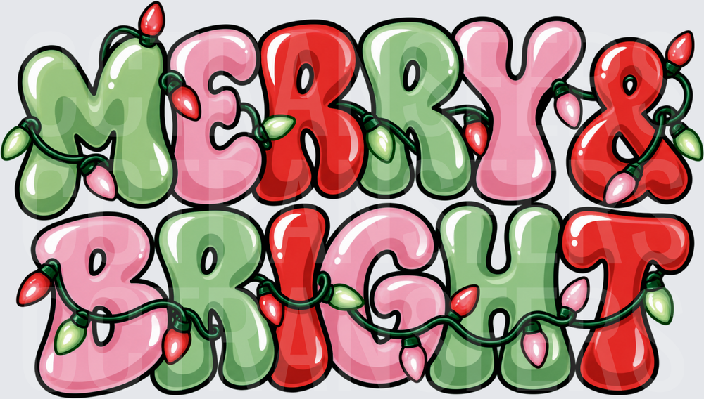 Merry & Bright Bubble Letters Christmas Lights (DTF)