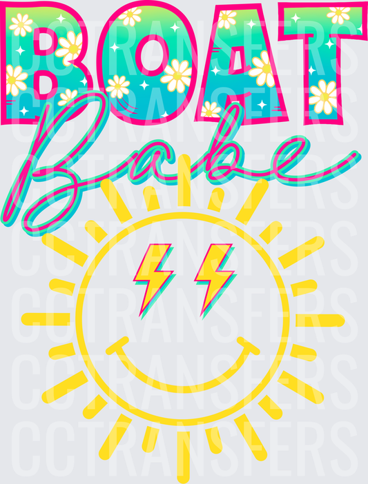 Boat Babe Floral Teal Letters Smiley Sun Lightning Bolt Eyes (DTF)