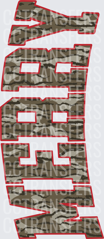 Mossy Oak Camo Stacked Bold Letters Red Outline (DTF)