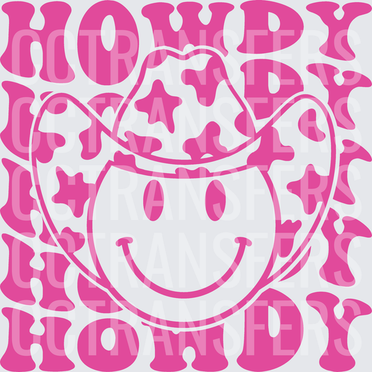 Howdy Smiley Face Cow Print Cowboy Hat Pink (DTF)