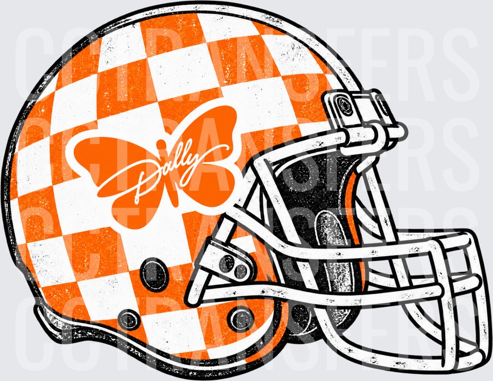 Orange Checkered Football Helmet with Butterfly Dally Logo (DTF)