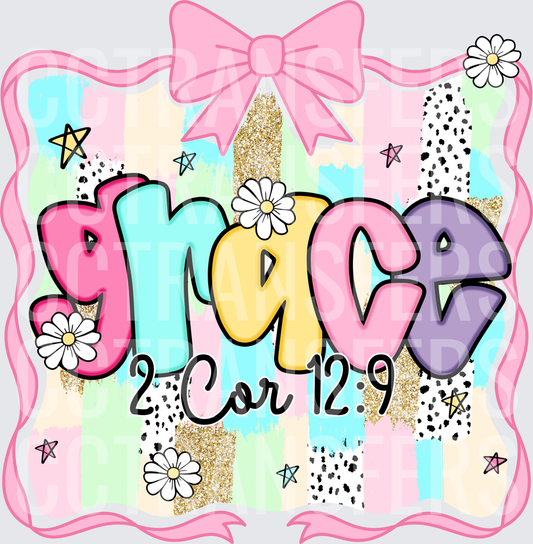 Grace 2 Cor 12:9 Pastel Bow Floral Faith Design (DTF)