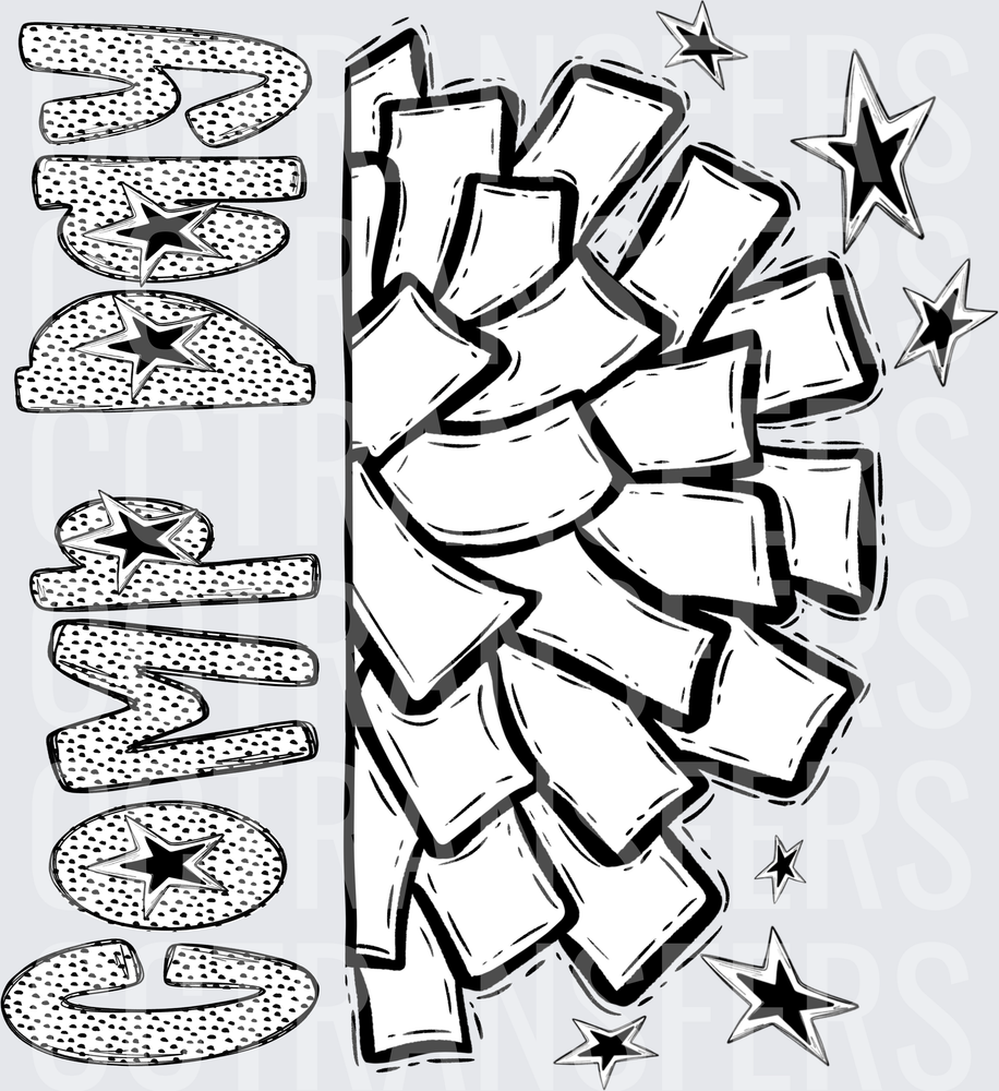 Black White Graffiti Cheer Bow Stars Scattered Design (DTF)
