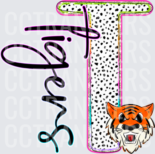 Tigers Script Dalmatian Print Letter T Mascot (DTF)