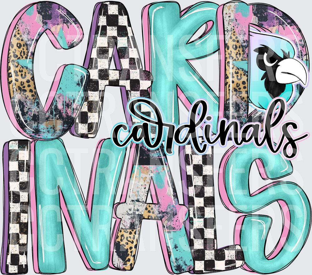 Cardinals Mascot Teal Pink Checkered Leopard Letters (DTF)