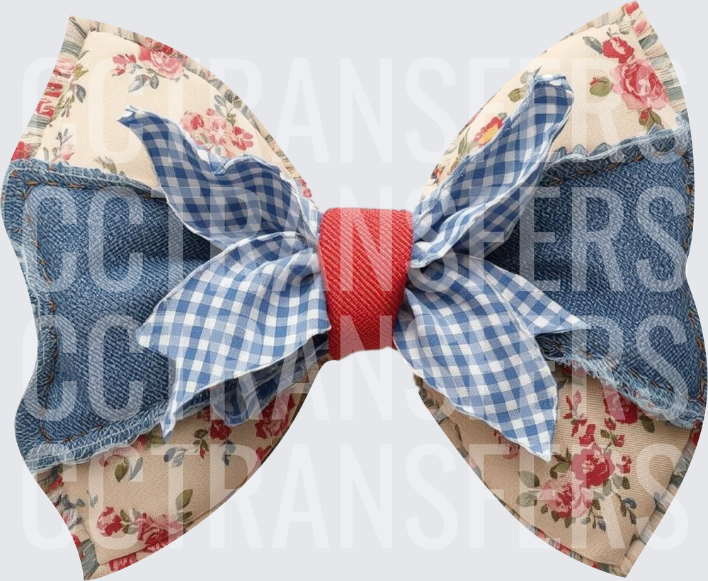 Layered Denim Floral Gingham Bow with Red Center (DTF)