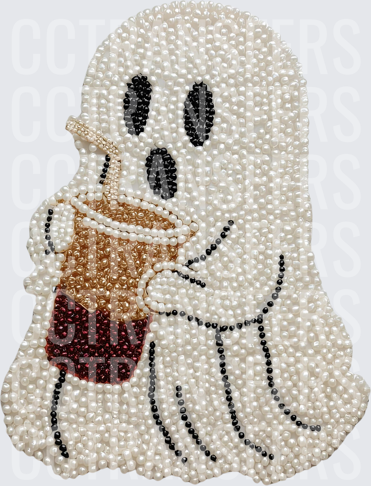 Beaded Ghost Holding Iced Coffee Cup (DTF)