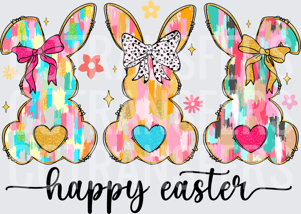 Happy Easter Trio Colorful Brush Stroke Bunnies With Bows (DTF)