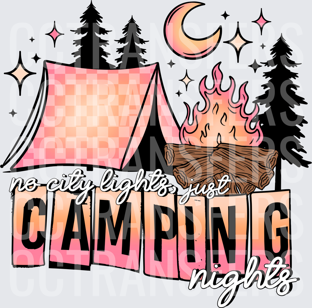 No City Lights Just Camping Nights Pink Tent Campfire (DTF)