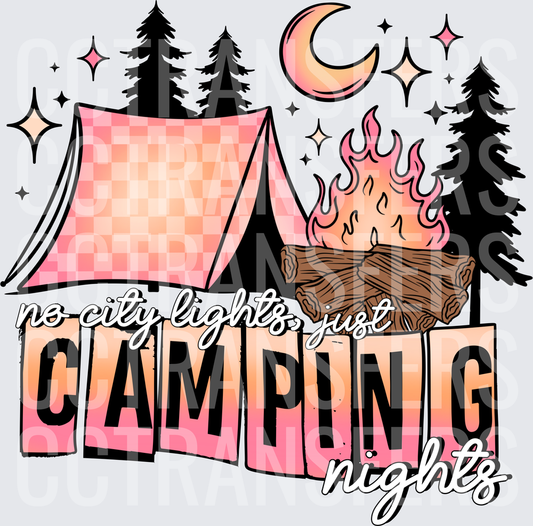 No City Lights Just Camping Nights Pink Tent Campfire (DTF)