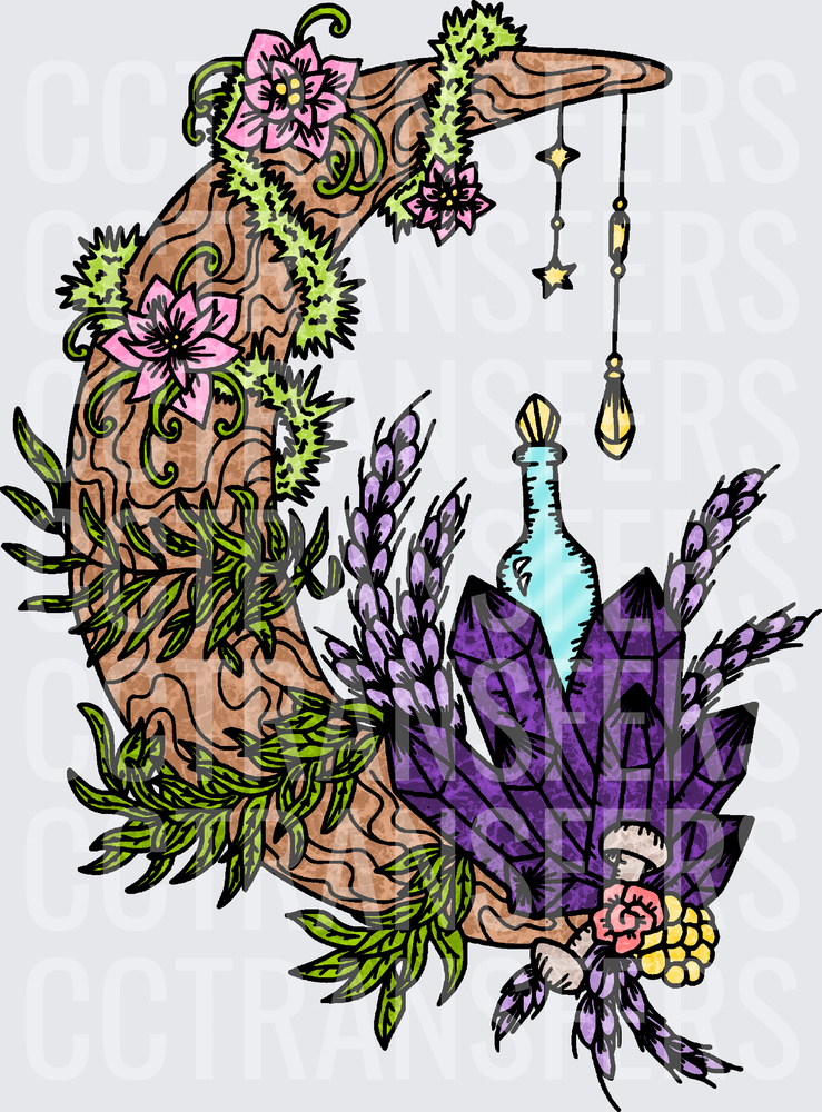 Crescent Moon Amethyst Crystal Potion Bottle Botanical (DTF)
