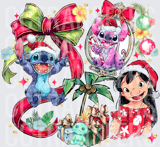 Tropical Holiday Blue Alien Girl & Pink Friend Christmas (DTF)