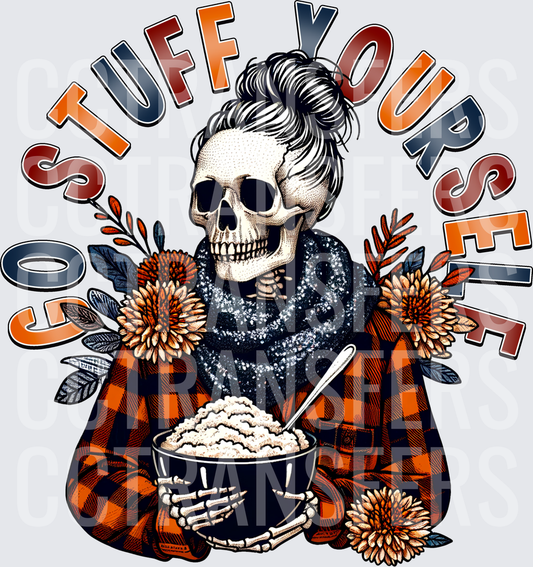 Go Stuff Yourself Skeleton Messy Bun Thanksgiving Bowl (DTF)