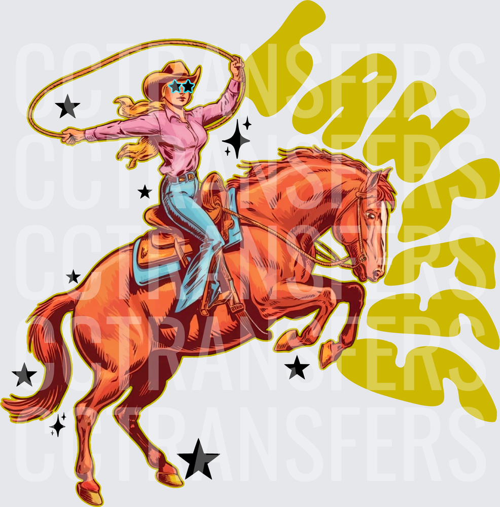 Lawless Cowgirl Riding Horse Swinging Lasso Star Shades (DTF)