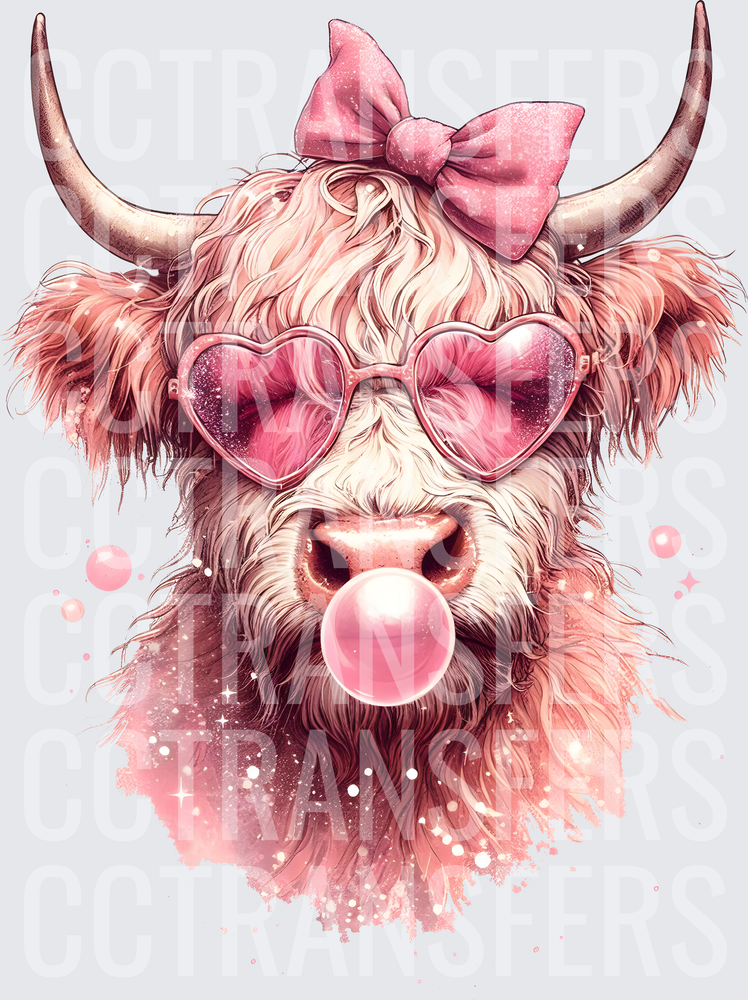 Sassy Highland Cow Pink Bow Heart Sunglasses Bubblegum (DTF)