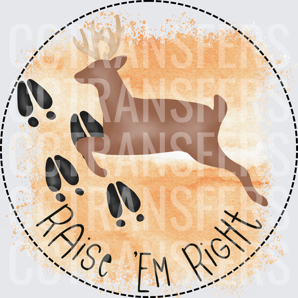 Raise Em Right Leaping Buck Deer Tracks Watercolor Circle (DTF)
