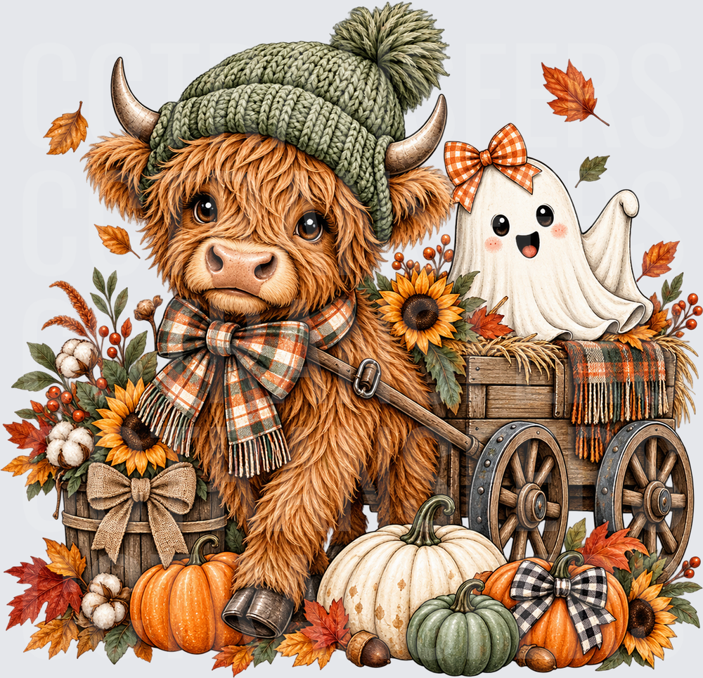 Cute Highland Cow & Ghost Fall Harvest Wagon (DTF)