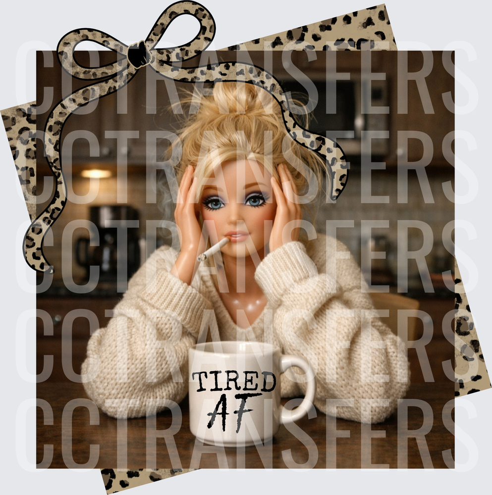 Tired AF Blonde Doll Messy Bun Leopard Bow Kitchen (DTF)