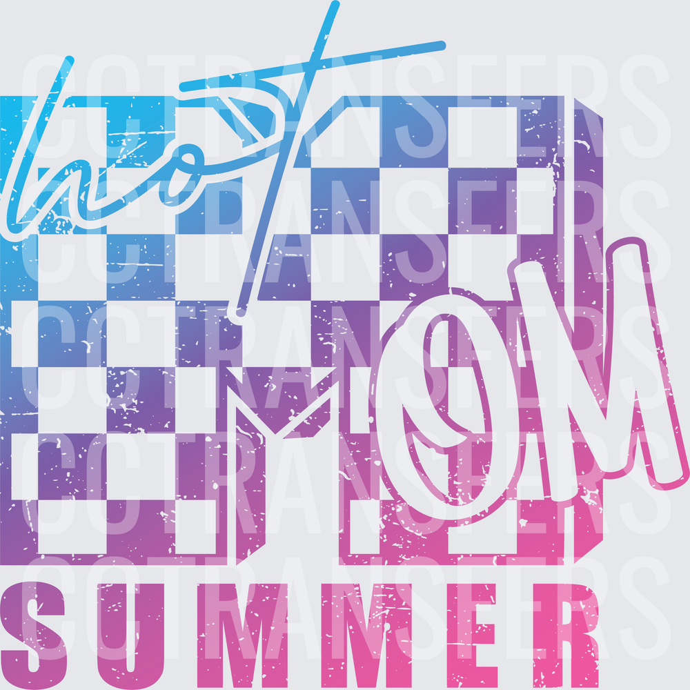 Hot Mom Summer Retro Checkered Distressed Blue Pink Purple (DTF)