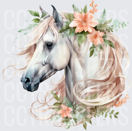 Watercolor White Horse with Peach Floral Crown (DTF)