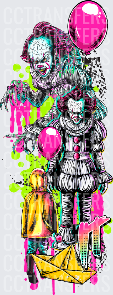 Neon Graffiti Evil Clown Duo with Child & Pink Balloon IT (DTF)
